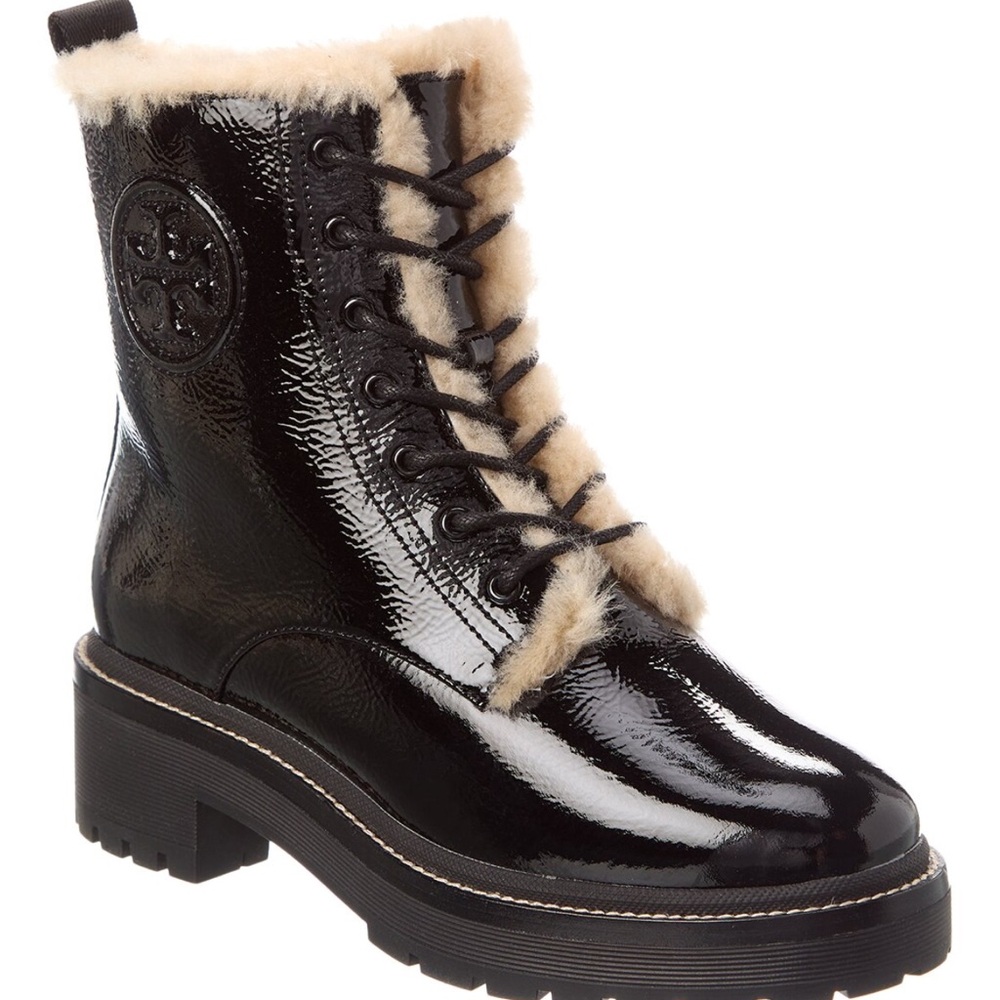 Tory Burch Miller Lug Sole Patent & Shearling Bootie size 6